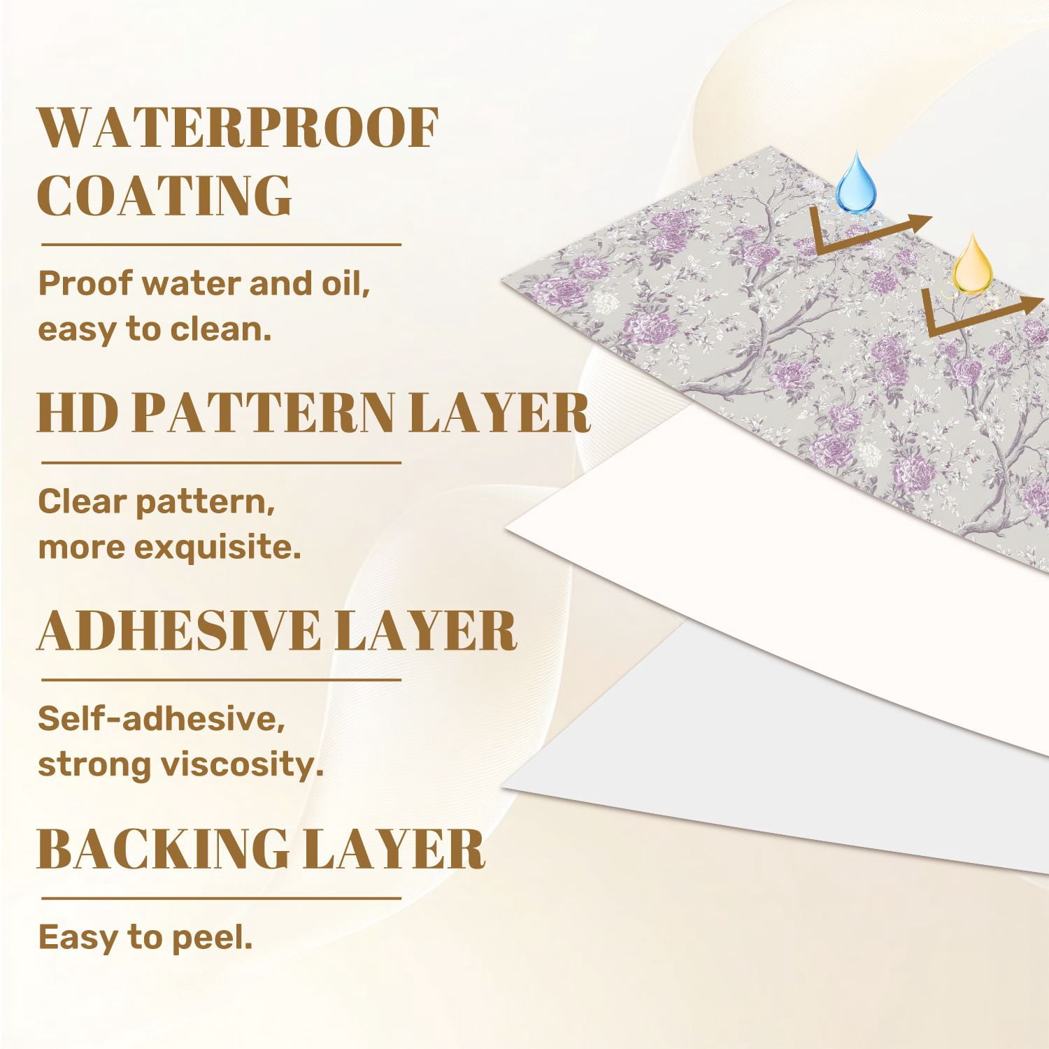 Peel and Stick Wallpaper Vintage Floral Lavender White Peonies Light Gray Wall Mural 17.7in x 9.8ft Self Adhesive Removable Wall Paper Renter Friendly Wallpaper for Girls Women Bedroom Livingroom