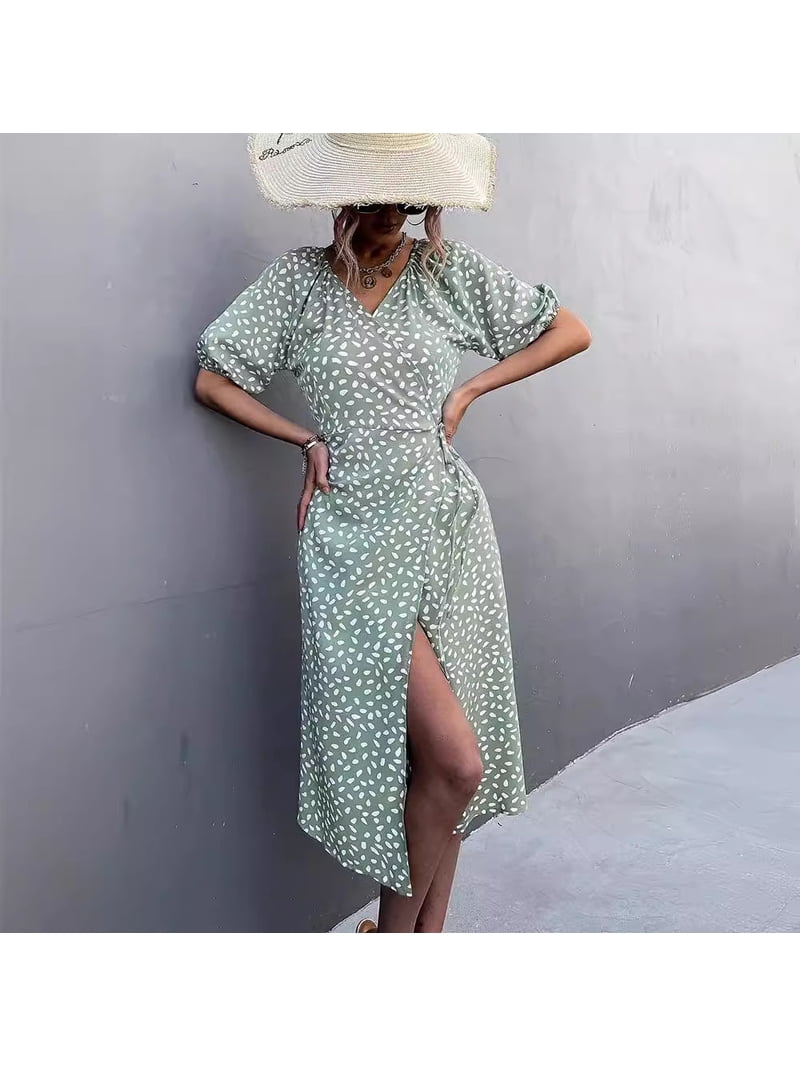 Bohemian style fashionable casual chiffon V-neck side wrap mid-length polka  dot puff sleeve dress - Walmart.com