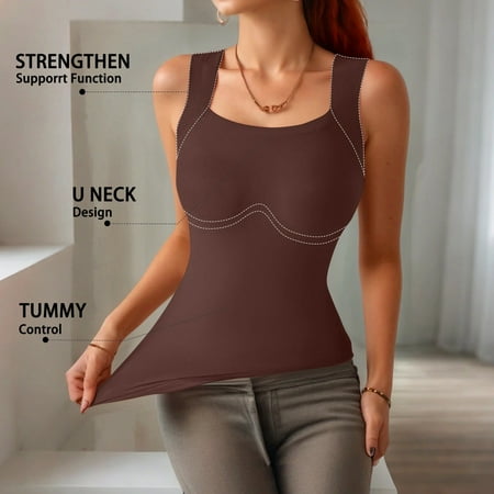 Tank Tops with Built In Bras for Women U Neck High-Support Yoga Tank with Built-In Bra Babydoll Postpartum Body Shaper Stretchy Sports Shapewear Brown S