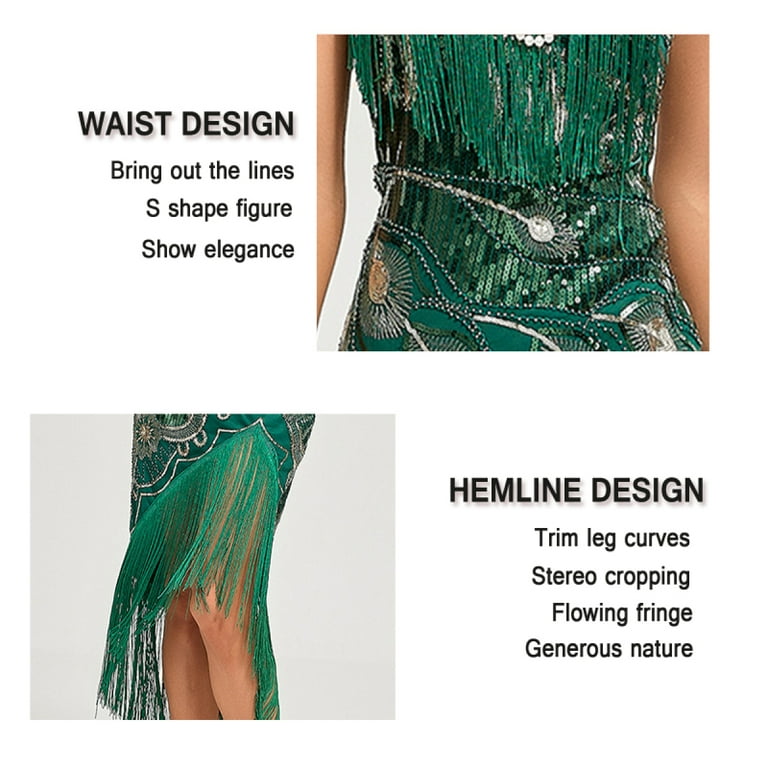 green emerald velvet dress Wedtrend Women's Great Gatsby Dress Beaded Fringed Dark Green Flapper Dress, Dark Green / L