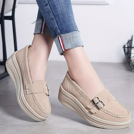 

SHZHRUKUNSHM Comfortable Women‘s Round Toe Slip On Platform Loafers with Stylish Buckle Straps for Casual Walking
