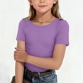 thumbnail image 3 of Resicozy Girls Shirts Cute Basic Tees Summer Ribbed Top Teens Short Sleeve Vacation T-Shirt for Kids 5-13 Years Purple 130, 3 of 7