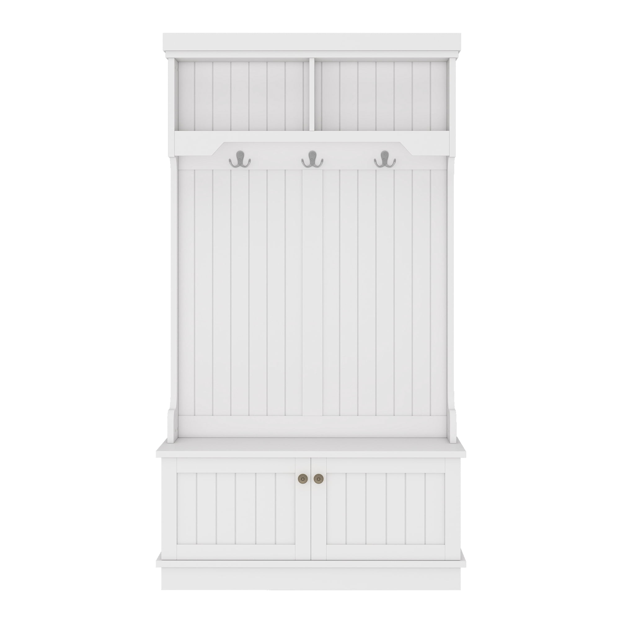 Mintazer 4‑in‑1 Hall Tree with Hooks & Storage Bench, Multifunctional Entryway Coat Rack with Upper Open Shelves & Lower Cabinet for Living Room Mudroom Bedroom, White