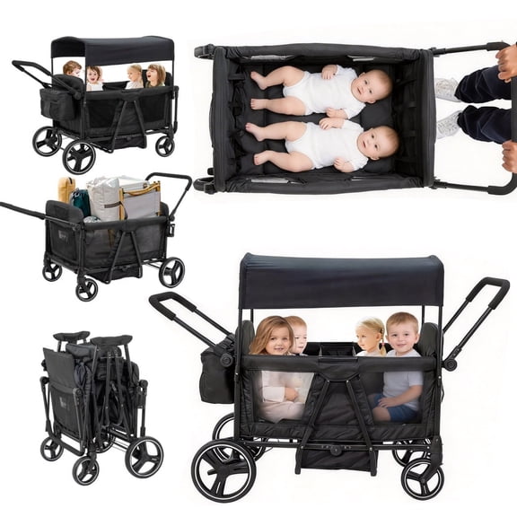 Wagon Stroller for 4 Kids, 4-Seat Foldable Stroller Wagon with Adjustable Handlebar, Canopy, 5-Point Safety Harness & Parent Cup Holder