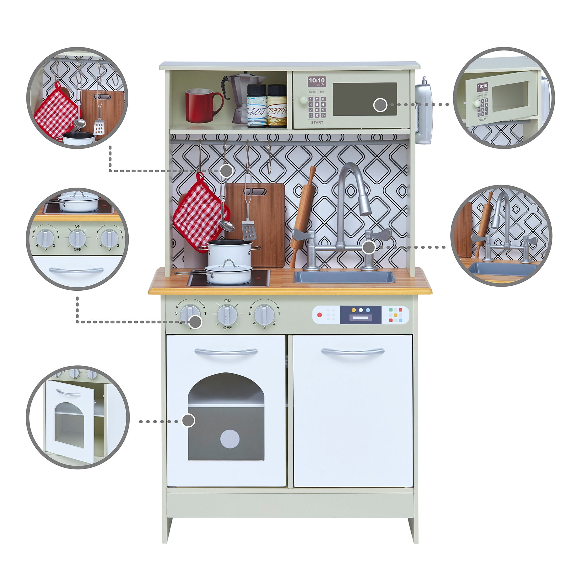 Teamson Kids Little Chef Boston Modern Farmhouse Kitchen Playset with Interactive Features and 9 pc. Accessory Set, Olive Green/White