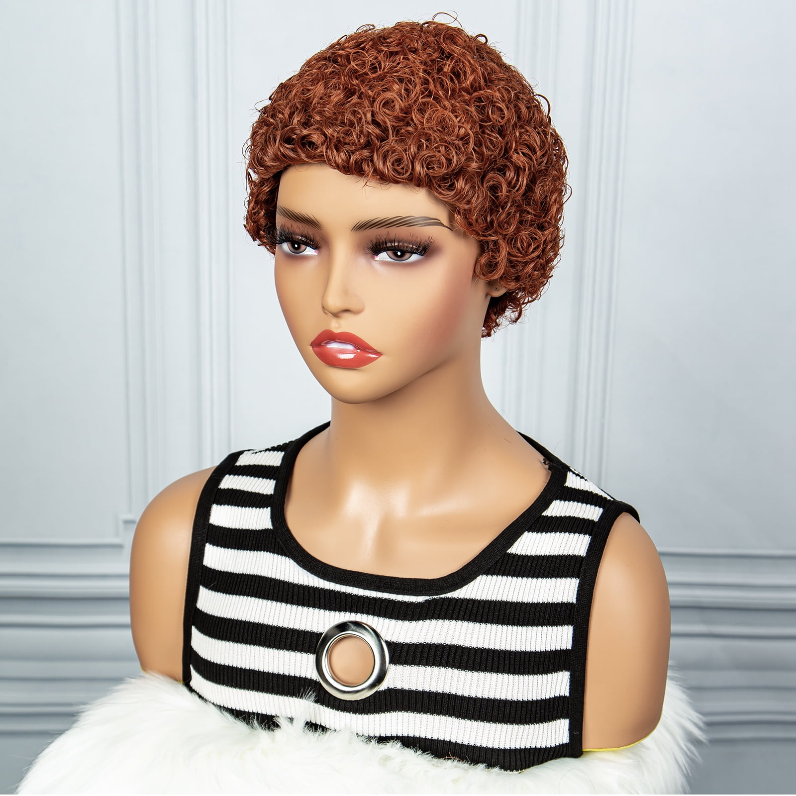 Short Curly Human Hair Wigs Pixie Cut Brazilian Remy Short Wigs Full Machine Made Human Hair 350# Color 180% Density Curly Wig for Women