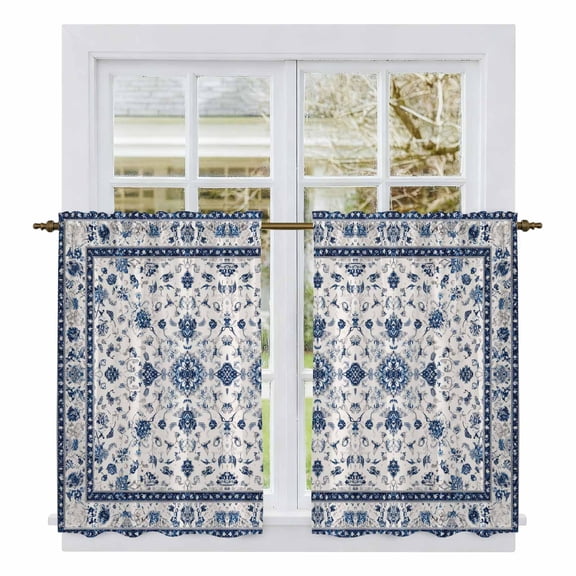Farmhouse Boho Kitchen Curtains 54 Inch Length, Blue Country Vintage Chic Abstract Floral Tiers Curtains for Bathroom Bedroom Cafe, Light Filtering Small Window Treatment Drapes 2 Panels 42"Wx54"L