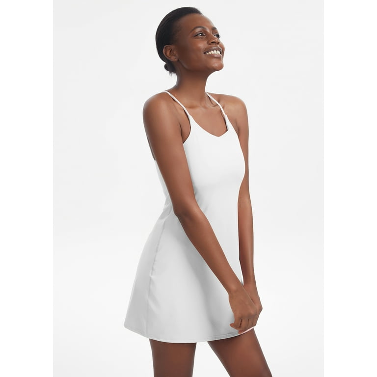 KUACUA Women's Sleeveless Workout Dress, Built-in Bra & Shorts with  Pockets, Athletic Dress for Golf Sportwear Tennis Dress White 