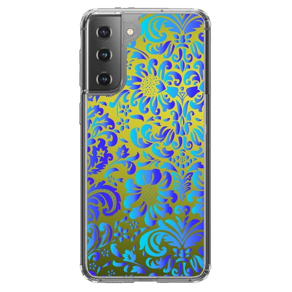 DistinctInk Clear Shockproof Hybrid Case for Galaxy S21 5G (6.2" Screen) - TPU Bumper, Acrylic Back, Tempered Glass Screen Protector - Green Blue Teal Floral Pattern
