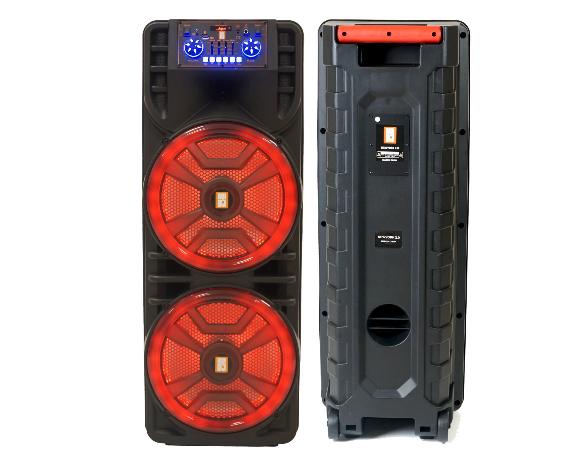 MR DJ NEWYORK 2.0 Dual 12" Rechargeable Portable Bluetooth Karaoke Speaker Party Flame Lights with 2 Wireless Microphone TWS USB FM Radio