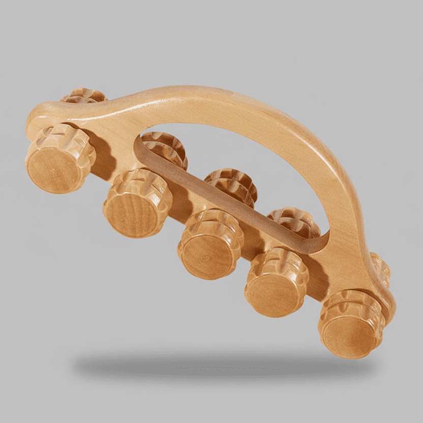 Manual Handheld 10-roller Massager, Natural Hardwood