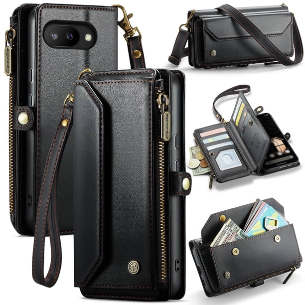 Funda tipo cartera para Google Pixel 9A con bloqueo RFID, tarjetero, cremallera y ranura para billetes, correa de hombro magnética de piel sintética suave para mujer