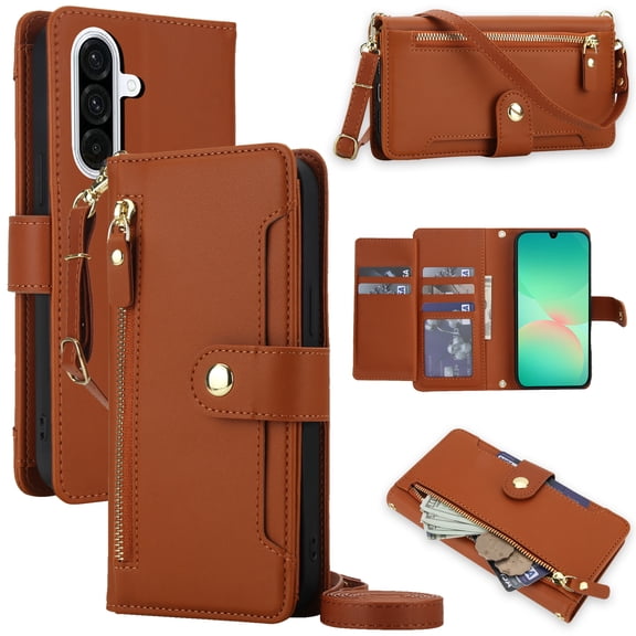 ELEHOLD Crossbody Case for Samsung Galaxy A17 5G, RFID Blocking Shockproof Leather Wallet Phone Case with Stand, Zipper Pocket,Brown