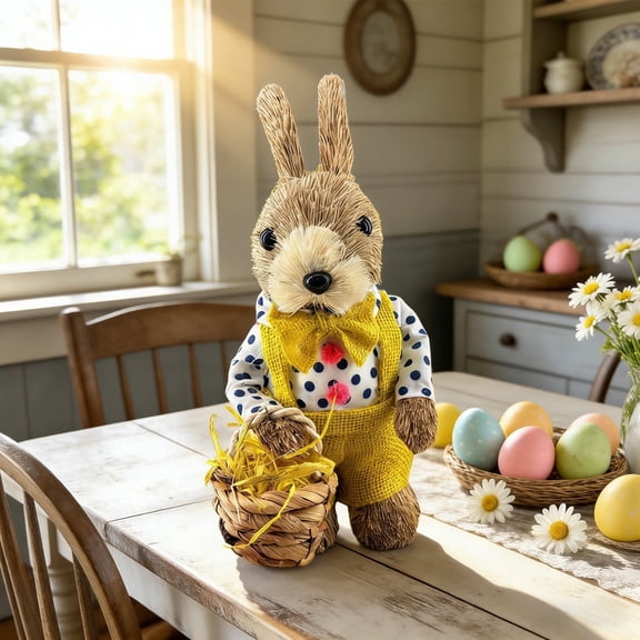 Straw Woven Small Bunny Figurine Forest Rabbit Ornament Easter Bunny Decor for Table Shelf Corner Spring Indoor Rabbit