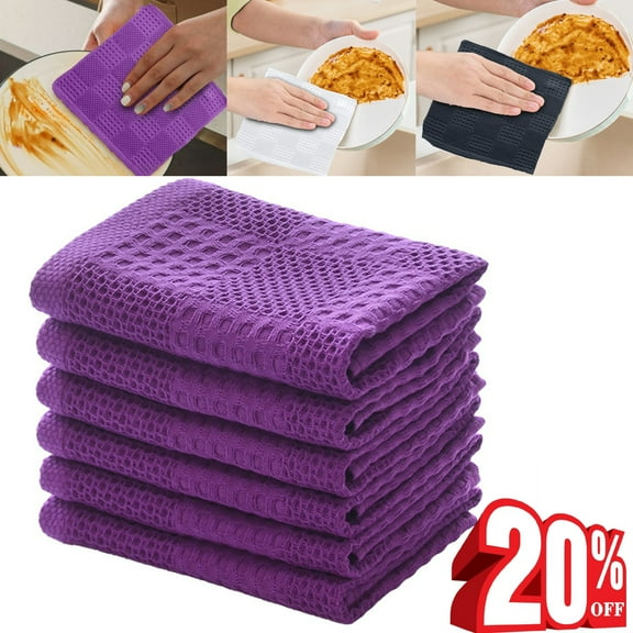 Bxaolu 6 Pack Kitchen Towels and Dishcloths Sets, Cotton Soft Highly Absorbent Dish Towels for Kitchen,Washing Dishes,13.38 x 13.38 Inches, Purple