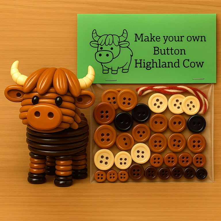 1pcs DIY Button Highland Cow Ornament Kit - Crochet-Included Set for Making Custom Christmas Decorations, Perfect Family Craft Project, Creates Hanging Holiday Accents for Home