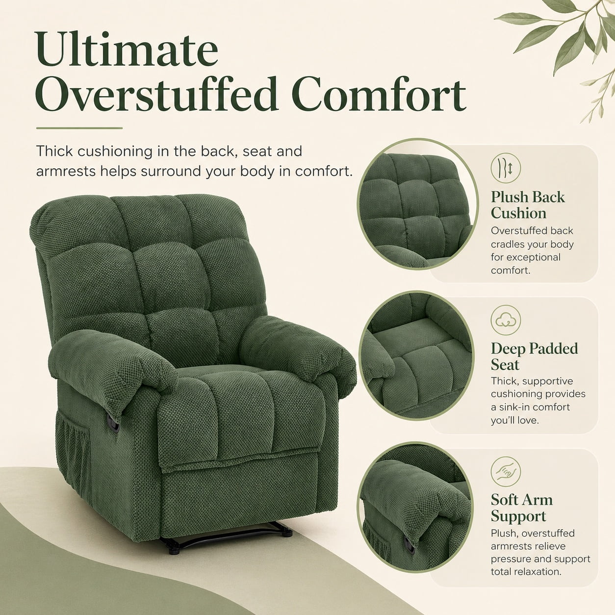 Miniyam Overstuffed Recliner Chair with Plush Armrests, Adjustable Ergonomic Recliner, 105° to 165° Reclining, Green