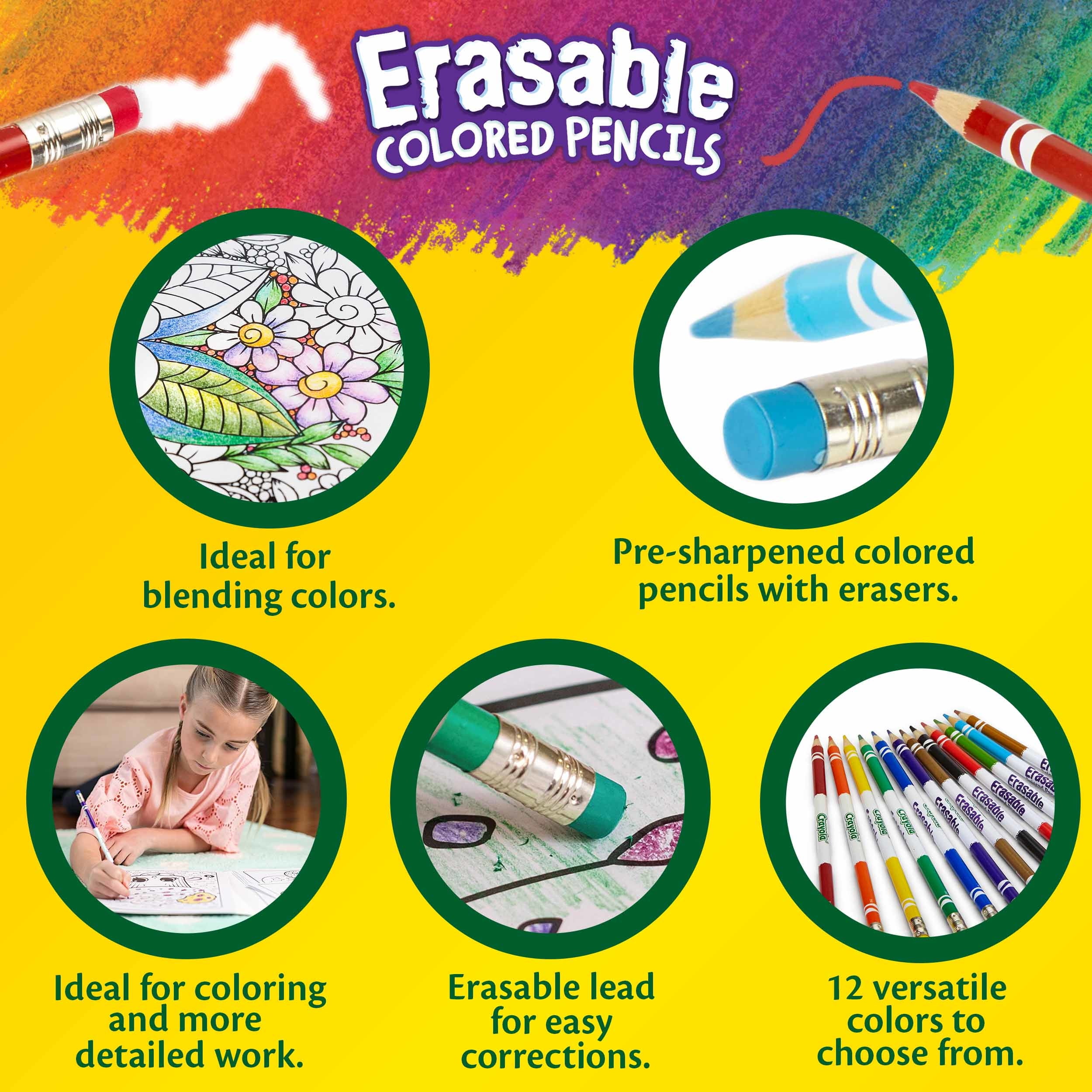 Crayola Erasable Colored Pencils-12/Pkg Long - 071662244125
