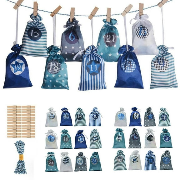KOYPTL 24pcs Christmas Advent Calendar Bags,Reusable Drawstring Gift Wrap Bags for Candy Toys Goody Treat Bag Pocket & Christmas Tree Fireplace Pendants & Holiday Birthdays Party Favor Home Storage