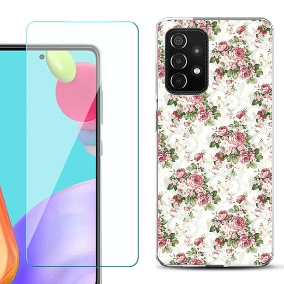 Slim-Fit Flexible Gel TPU Phone Case compatible with Samsung Galaxy A52 5G, with Tempered Glass Screen Protector, by OneToughShield ® - Floral/Rose