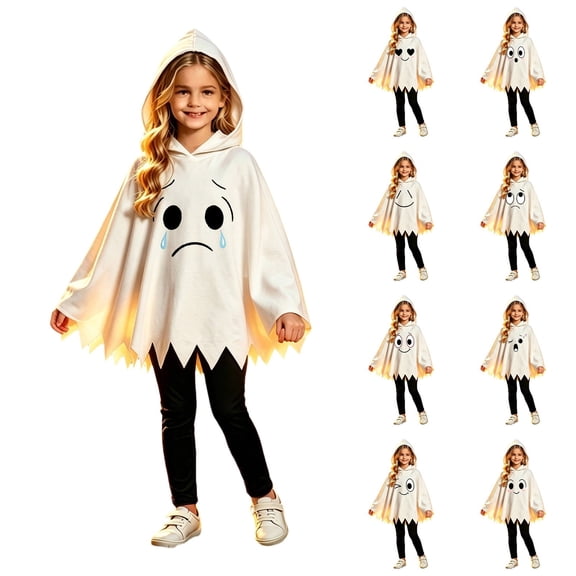 Arlun Kids Halloween Hooded Capes Matching Solid Color Pants 2026 Spooky Season Dress up Cosplay Party Children 2 Piece Set Cute Ghost Cape with Sawtooth Hem I-White 150