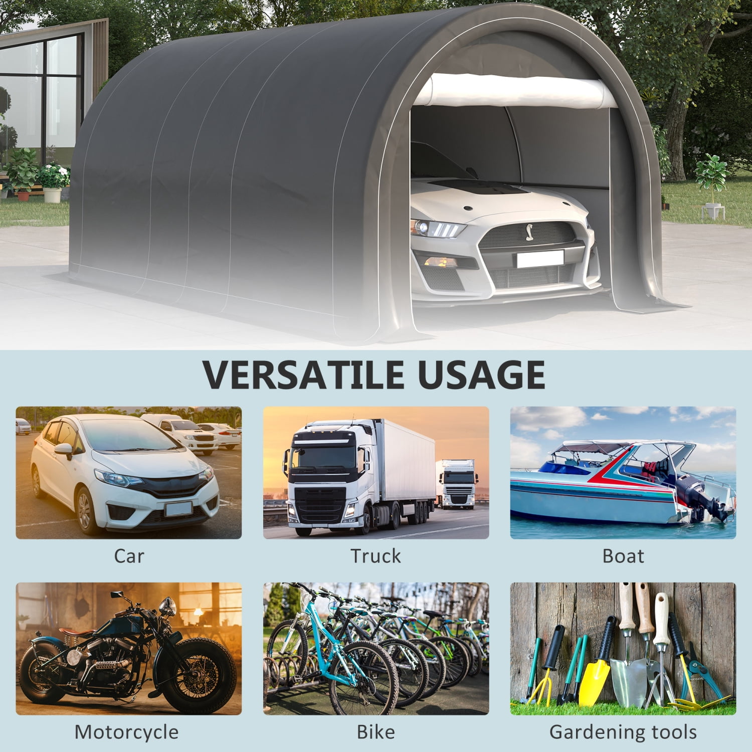 Newboti 10' x 16' Carport, Heavy Duty Portable Garage Storage Tent with Large Zippered Door, Anti-UV PE Canopy Cover for Car, Truck, Boat, Motorcycle, Bike, Garden Tools, Outdoor Work, Gray 6529870175
