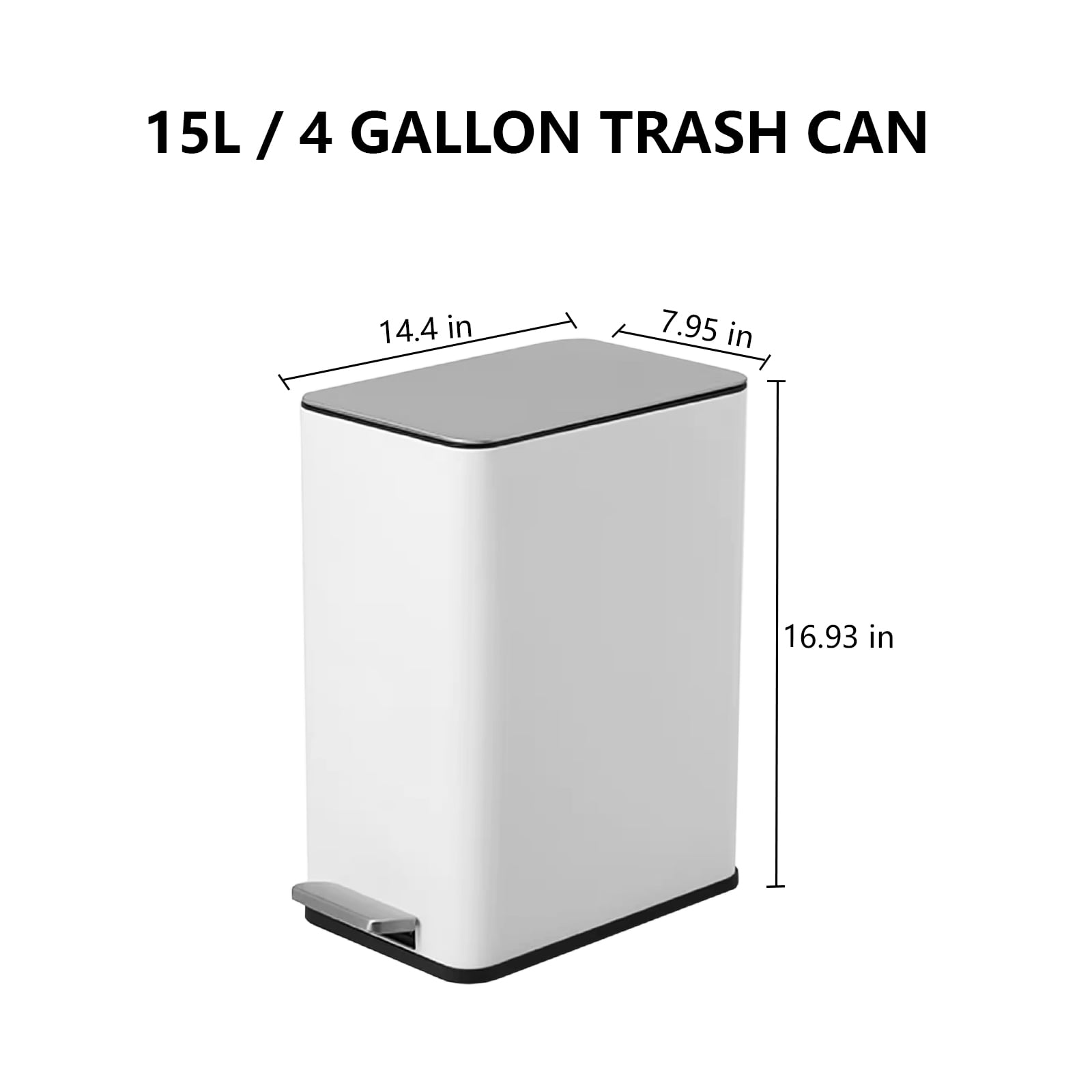 Simplykleen15L/4 Gallon Rectangular Step Trash Can Stainless Steel Garbage Can with Removable Inner Bucket For Kitchen Bathroom Office White