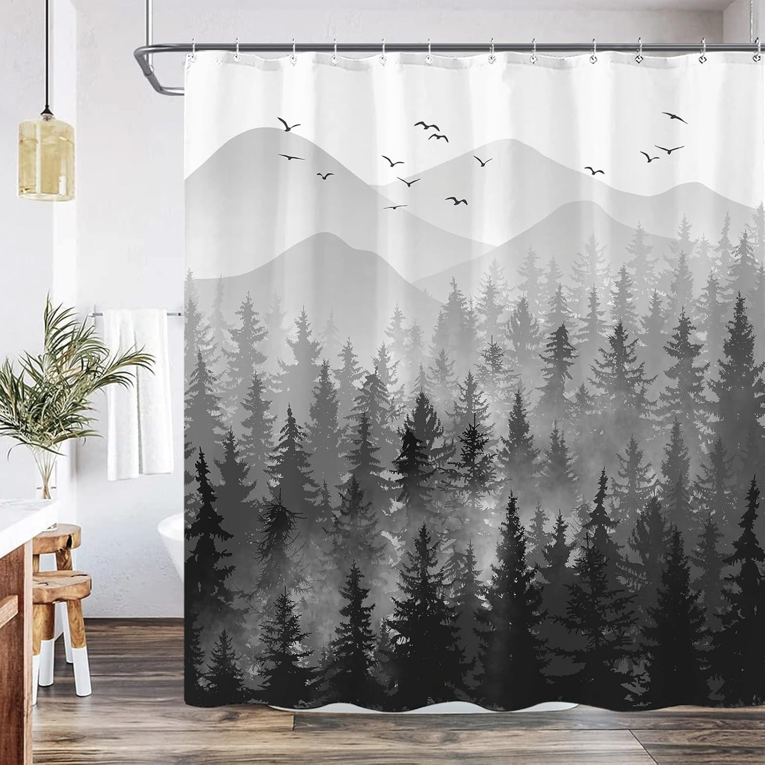 Black and White Misty Forest Shower Curtain Ombre Dark Gray Mountain Pine Tree Waterproof Fabric Shower Curtains for Bathroom Grey Nature Woodland Decorative Bath Curtain Decor 72×72 Inches