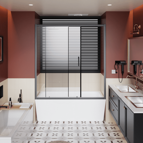 60" wide x 62" high single sliding tub shower door, 1/5" thick clear tempered glass shower door, durable, with stainless steel handle, black