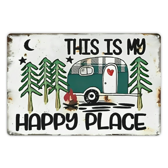 1pc "This Is My Happy Place" Metal Tin Sign - Rustic Outdoor Wall Art with Camper, Trees & Campfire Design, Durable Iron 12x8 Inch Indoor/Outdoor Decor for Home, Cabin, Campsite, Camper Decor