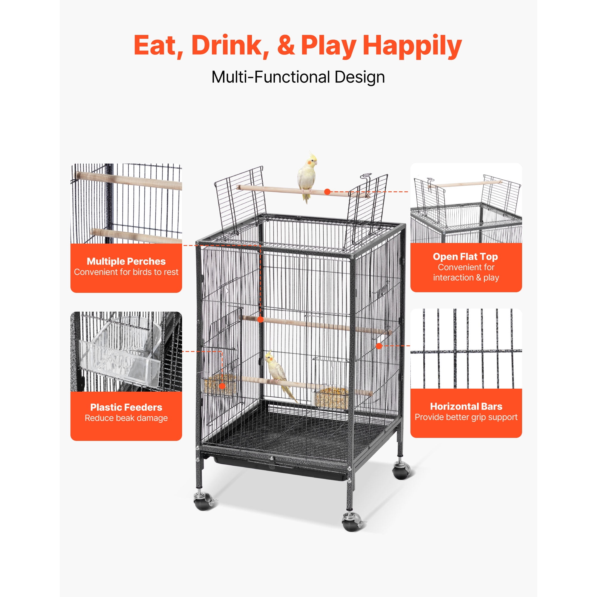 KFFKFF Bird Cage, 18 x 18 x 30 inch, Open Flat Top Design, Durable Wrought Iron Construction with Perches, Removable Tray, Feeders, and Wheels, Suitable for Parrots, Blue Tits, Cockatiels, Canaries
