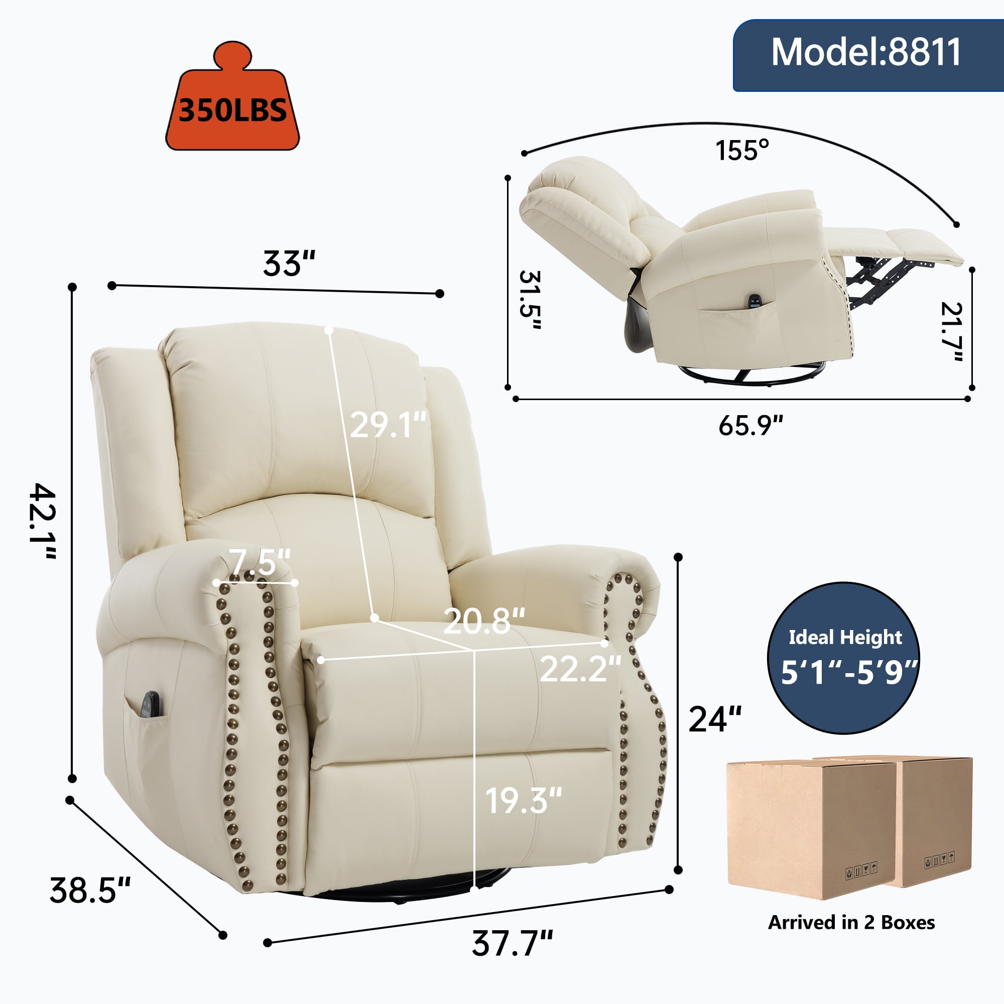 Leumius Oversized Swivel Recliner Chair for Adults,Swivel Rocker Recliner with Vibration Massage and Lumbar Heating for Living Room,Rivet Design,Beige
