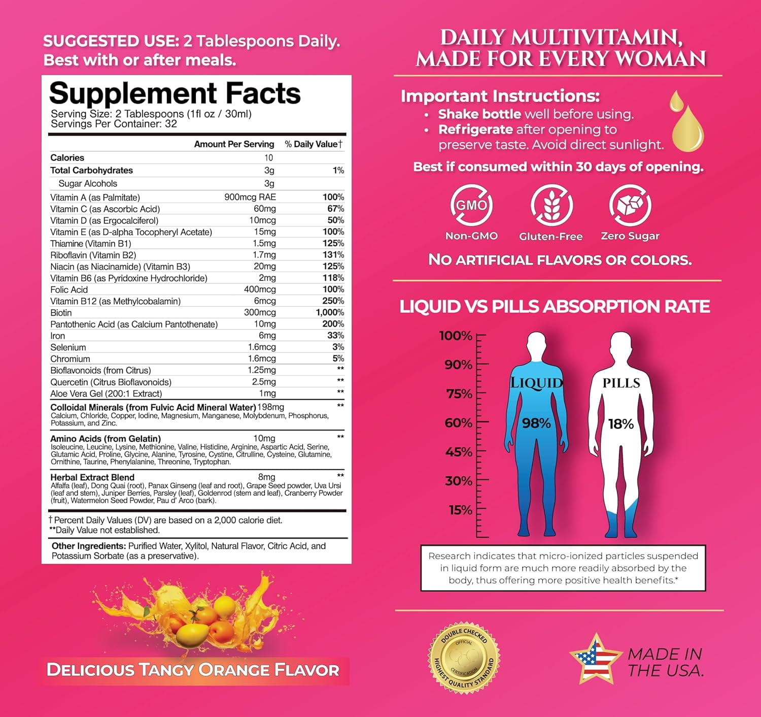 Premium Liquid Multivitamin for Women | Sugar Free Women’s Multivitamin | 100+ Vitamins, Minerals & Herbs Promote Anti-Aging, Heart, Brain & Bone Health |98% Absorption Rate | Non-GMO | 32 Serv