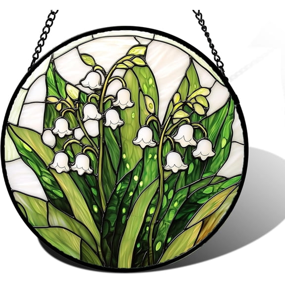 Stained Glass Window Hanging, Lily of The Valley Flower Sun Catchers Colorful Glass Panel Green Plants Suncatcher Decor for Birthday for Women,Men,Wife, Lovers, and Mom