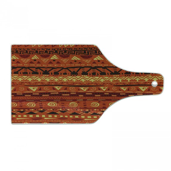 Tribal Cutting Board, Antique Folkloric Motifs Geometric Art Ornaments Illustration, Decorative Tempered Glass Cutting and Serving Board, Wine Bottle Shape, Orange Yellow, by Ambesonne