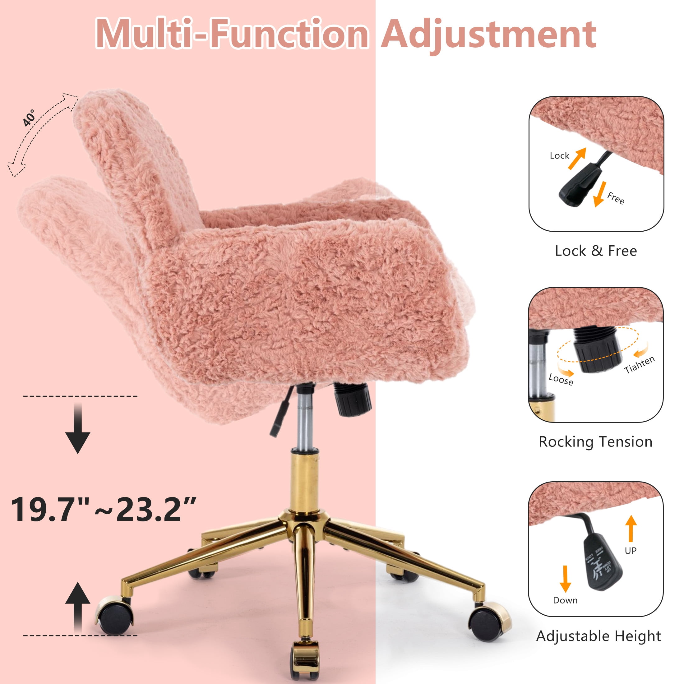 PAPROOS Vanity Chair with Back, Home Office Chair, Ergonomic Home Desk Chair with Artificial Rabbit Hair, Adjustable Swivel Task Computer Chair with Arm, Wheels, Pink