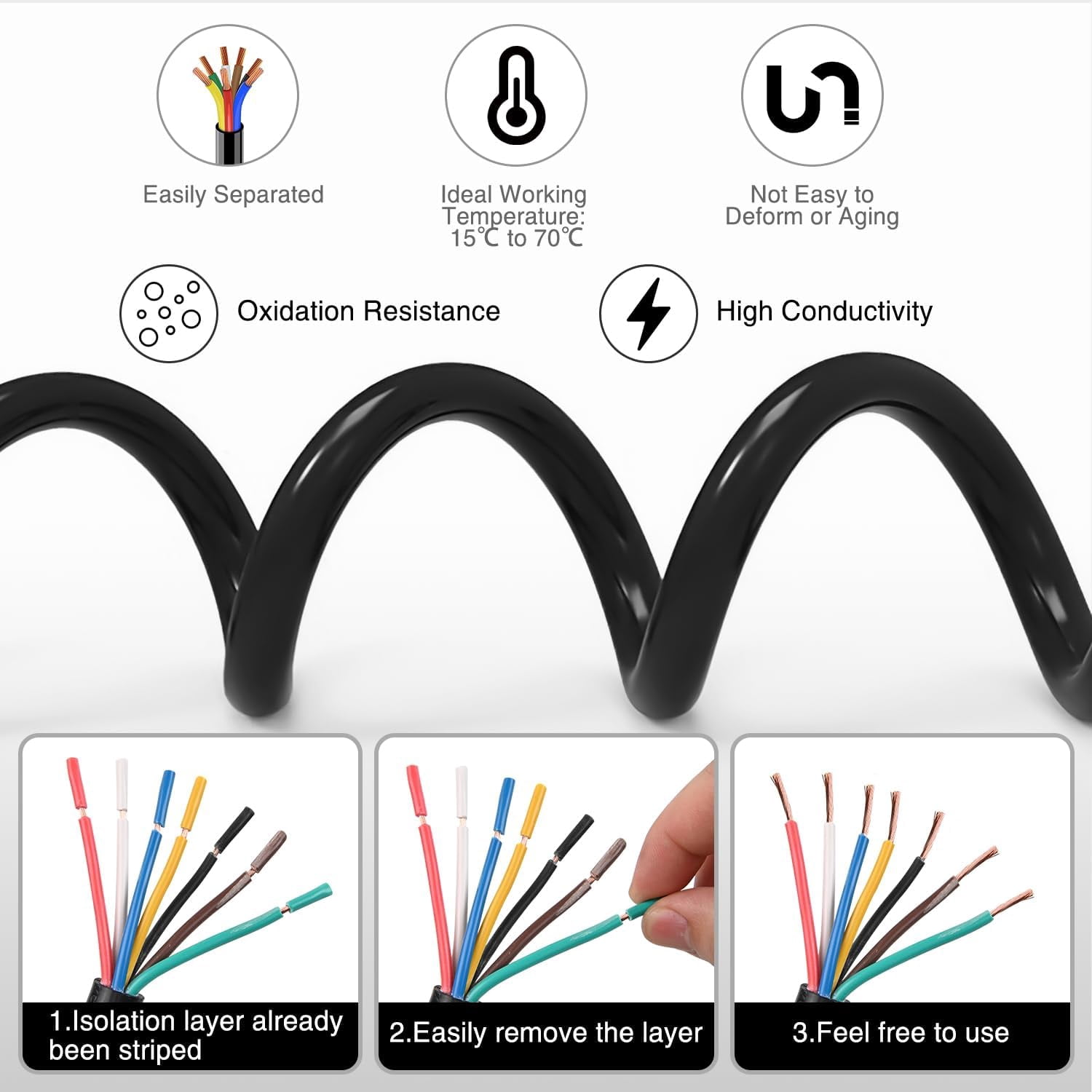 Nilight 10 Feet 7 Way Trailer Extension Cable RV Standard Wire 14 Gauge 7 Conductor 100% Pure Copper Insulated Heavy Duty Cord Weatherproof for 7 Pin Blade Truck Camper RV Automotive