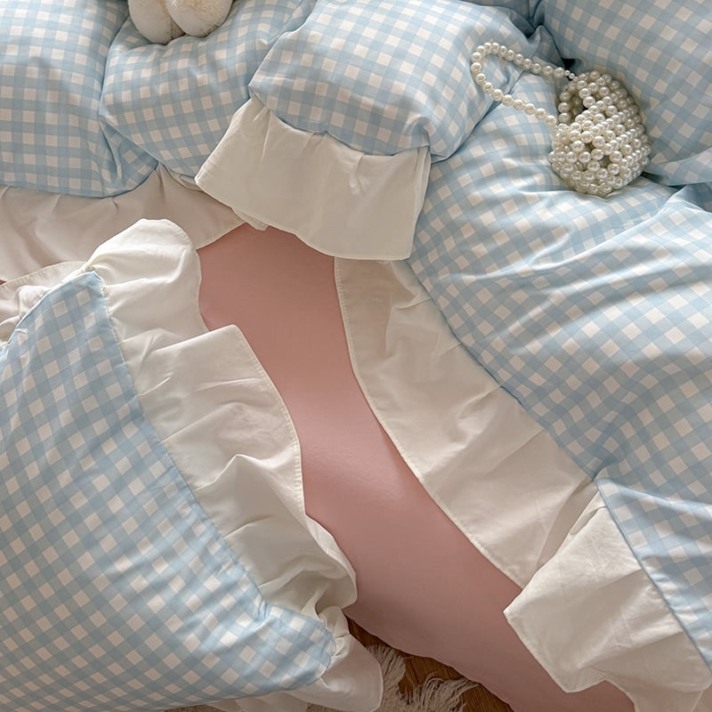 Blue Gingham Ruffle Duvet Cover Queen Size Comforter Cover Set Vintage Plaid Checkered Farmhouse Bedding Set 89"x89" 3 Pieces