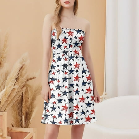 CHCNHAC 4th Of July Sundresses for Women 2025 Red White and Blue Print Dresses Patriotic Elegant Flowy Swing Strapless Wedding Guest Dress Dark Blue L
