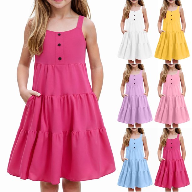 Teen Girls Dresses Cute Sleeveless Button-Front Tiered Dress for Girls Lightweight Summer Casual Sundress with Pockets ,Sie:120