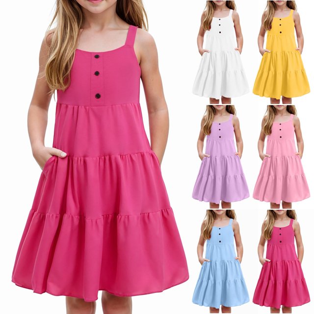Teen Girls Dresses Cute Sleeveless Button-Front Tiered Dress for Girls Lightweight Summer Casual Sundress with Pockets ,Sie:100