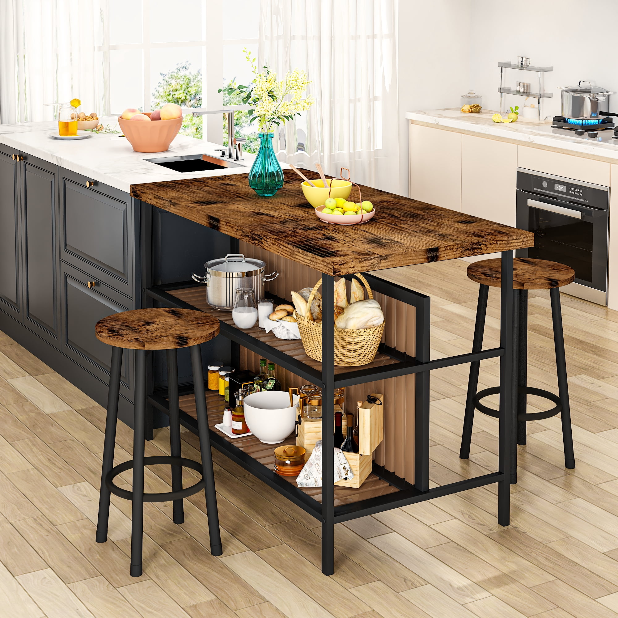 Cvortll Kitchen Island with Seating and Storage, 47.2" Wooden Counter Height Bar Table with 2 Stools, Space Saving Dining Table Set for Small Apartment or Bistro, Brown