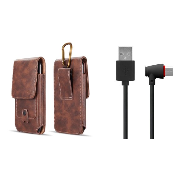 Luxmo Vertical Belt Holster Carrying Case with Card Slots (Brown) for Samsung Galaxy S10 Plus with Right Angle Flexible USB Type-C Charger Cable (4 Feet) and Atom Cloth