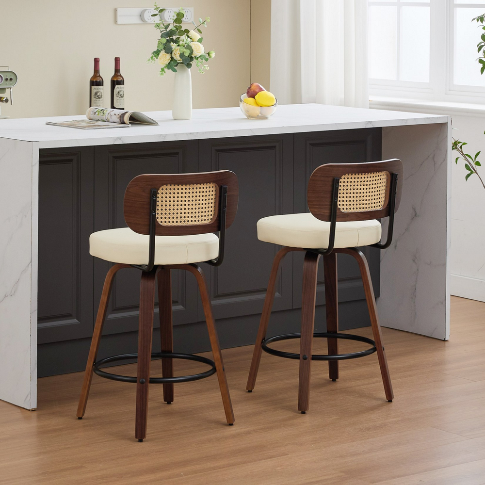 thumbnail image 6 of Bocarali 26 in. Swivel Counter Height Bar Stools Set of 4, Faux Leather Upholstered Bar Chairs with Rattan Back, Mid-Century Modern Counter Stools with Walnut Bentwood Leg for Kitchen Island, Beige, 6 of 6