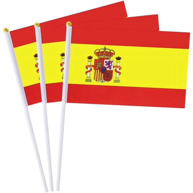 (Paquete de 20) Bandera de España Mini banderas de palo pequeñas de mano para fiesta, aula, jardín, Juegos Olímpicos, festivales, clubes, desfiles, fiestas