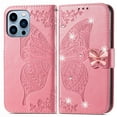 thumbnail image 2 of iPhone 13 Pro Case, Mantto Bling Diamond PU Leather Flip Wallet Case Hand Strap Butterfly Embossed Protective Flip Stand Card Holder Magnetic Cover for Apple iPhone 13 Pro, Pink, 2 of 9