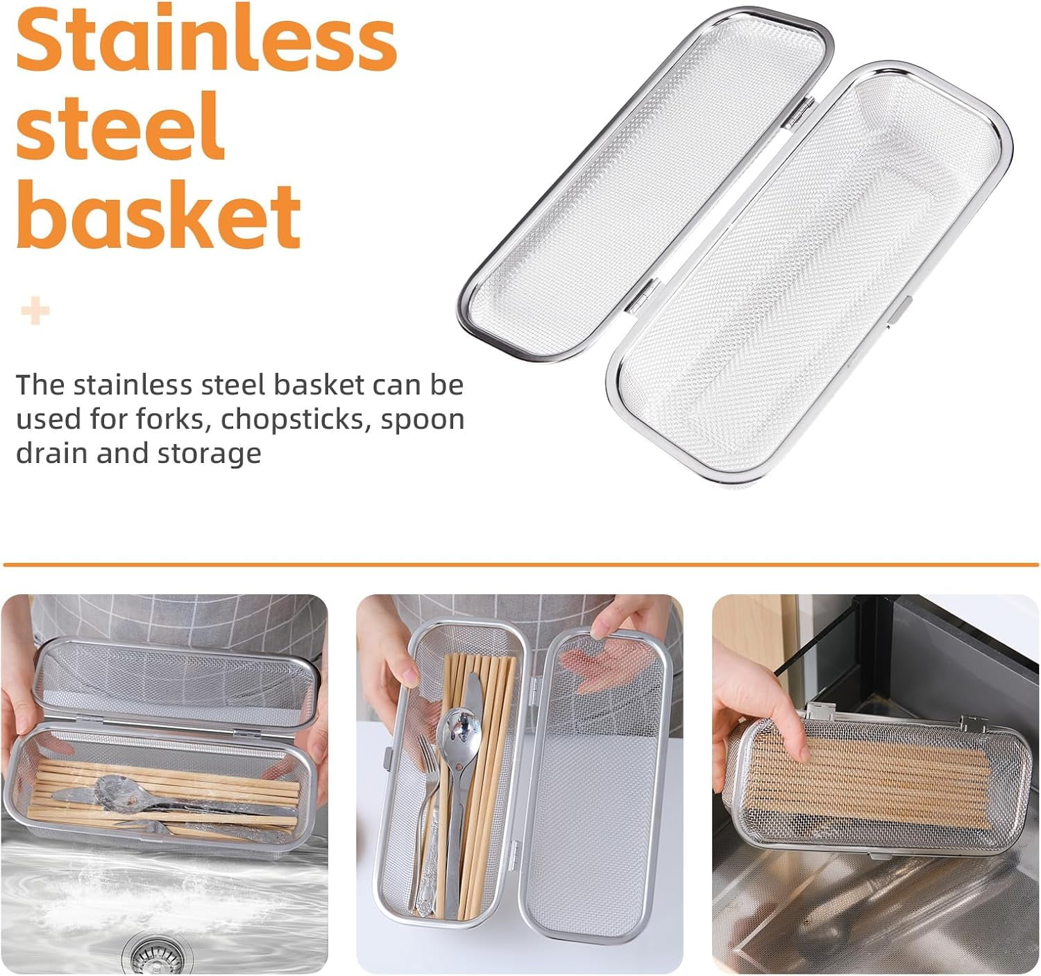 ABPETE Dishwasher Basket, Stainless Steel Dishwasher Silverware Basket, Replacement Utensil Rectangular Mesh Drain for Small Items