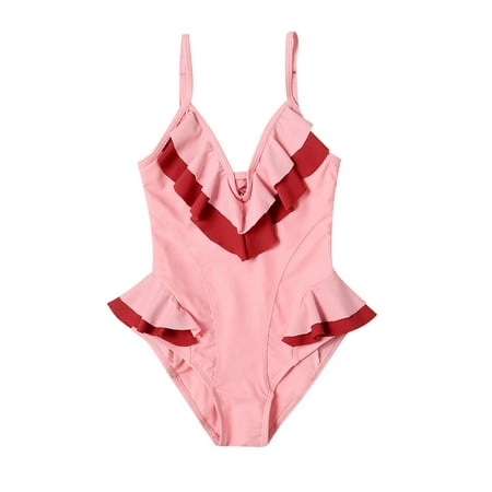 

qucoqpe New Summer Toddler Baby Girls SwimSuit Kids Ruffles Tankini Fashion Solid V Neck One Piece Swimsuit Bathing Beach Swimwear