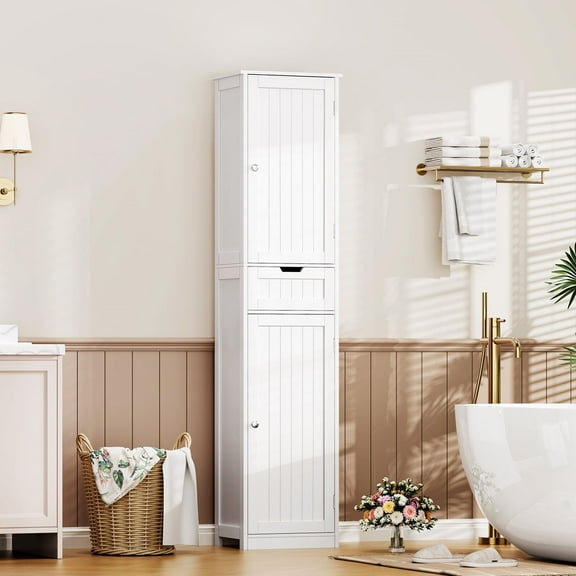 FANGSUM Tall Bathroom Cabinet, Storage Cabinet with 2 Doors & 1 Drawer, Narrow Floor Storage Cabinet with Adjustable Shelves for Bathroom, Living Room, Bedroom, White