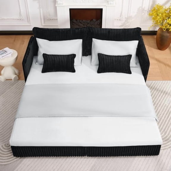 73"Convertible Sofa Bed,Pull Out Bed,3-in-1 Sofa with Side Pocket& USB Ports,Modern Corduroy Couch for Living Room, Small Space, Apartment, Bedroom, Black